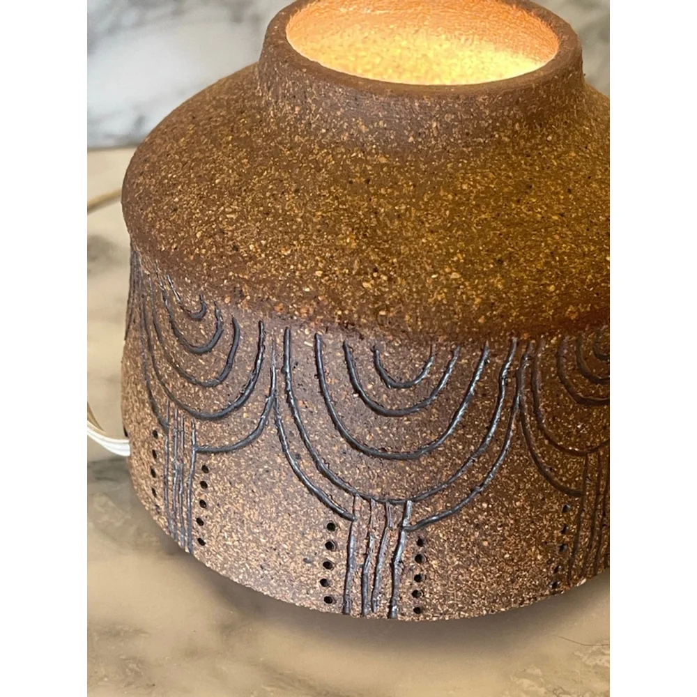 Ann Riggs Studio Pottery Lamp Warmer Carved Stoneware Cork Base Signed Vintage